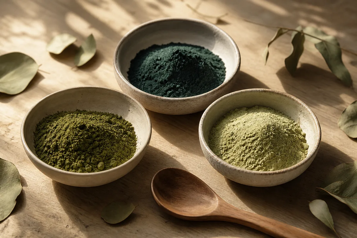 Poudres de henné, d indigo et de cassia disposées dans des coupelles en céramique sur un plan de travail de salon