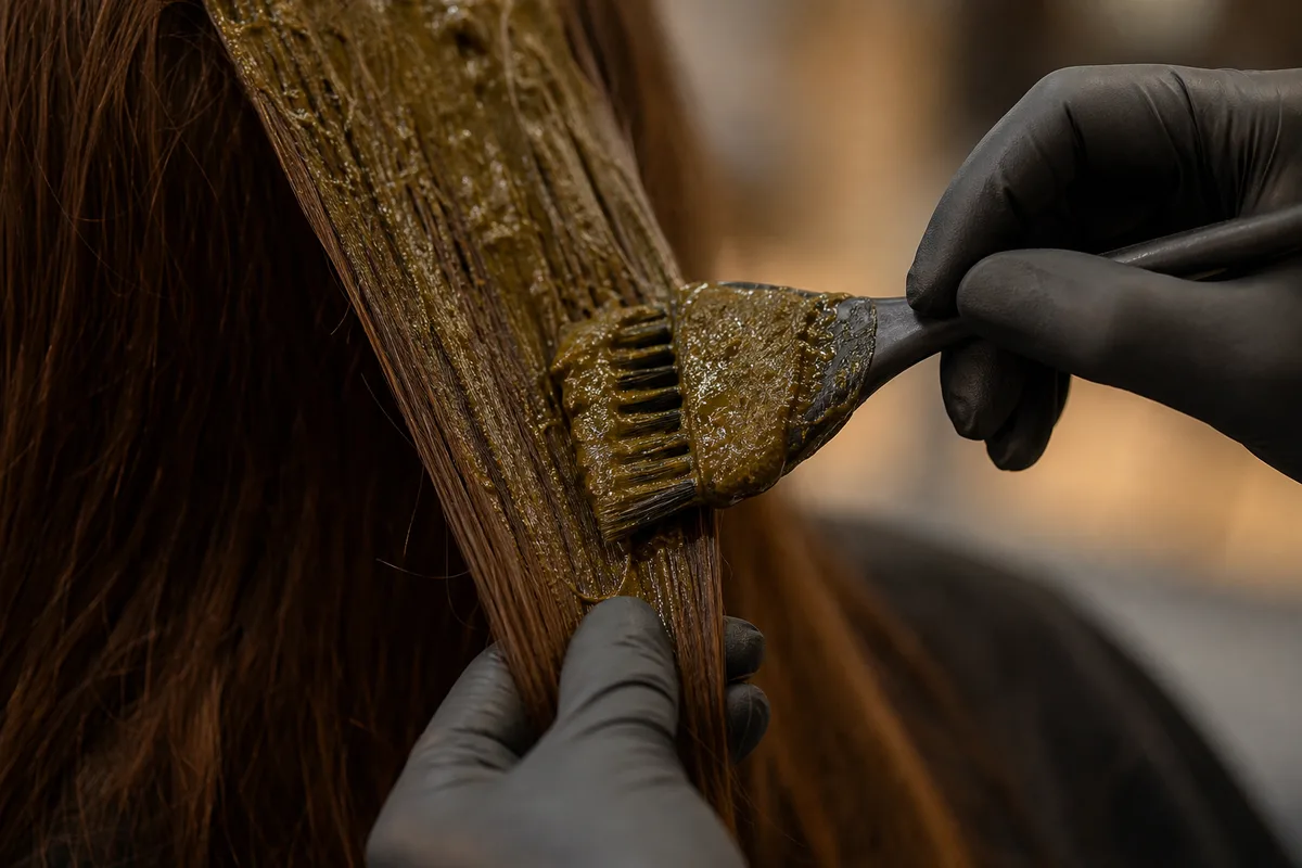 Mains gantées d une coiffeuse appliquant une pâte colorante brun-vert sur une mèche de cheveux, vue de dos