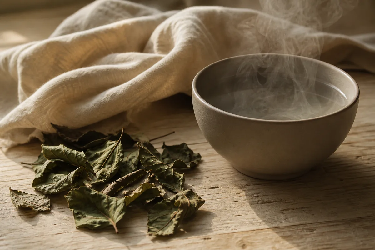 Feuilles de henné séchées et bol d eau chaude sur un comptoir en bois clair, lumière naturelle rasante