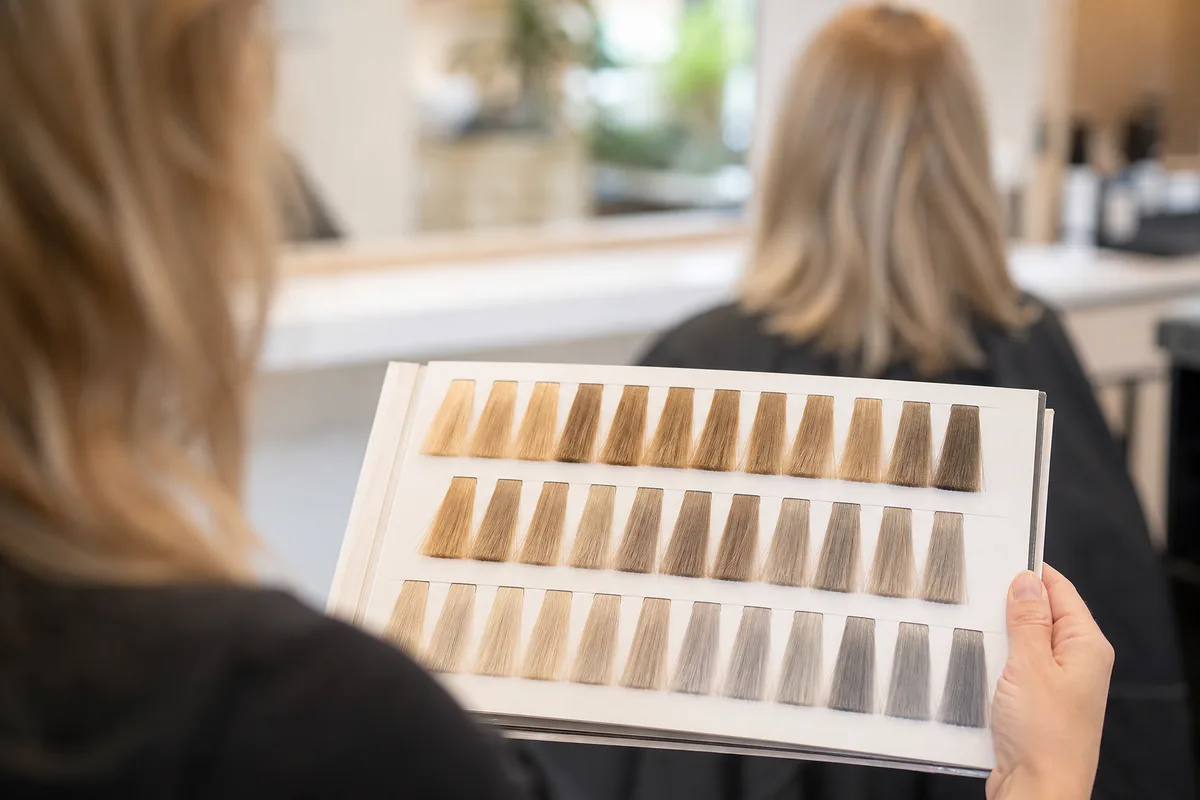 Nuancier de blonds froids présenté par une coloriste à sa cliente, dans un salon lumineux, pour choisir l’intensité du cendré