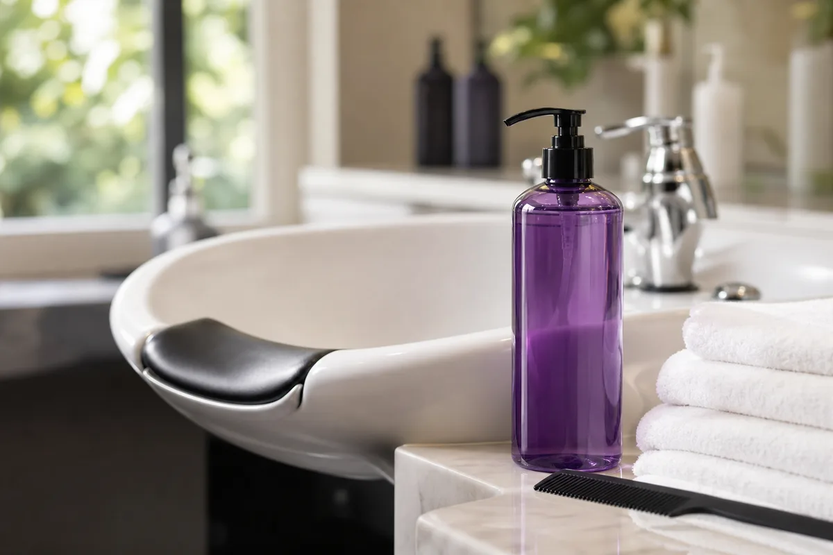 Flacon de shampoing violet posé au bord d’une vasque de salon, à côté d’un peigne et de serviettes pliées