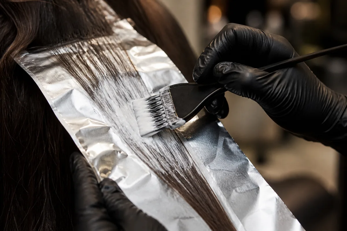Mèche test de décoloration sur une chevelure brune en salon