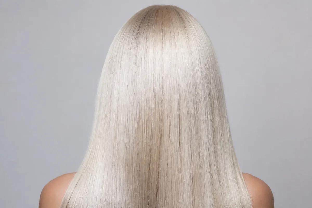 Chevelure blond polaire vue de dos, reflets froids sous une lumière douce